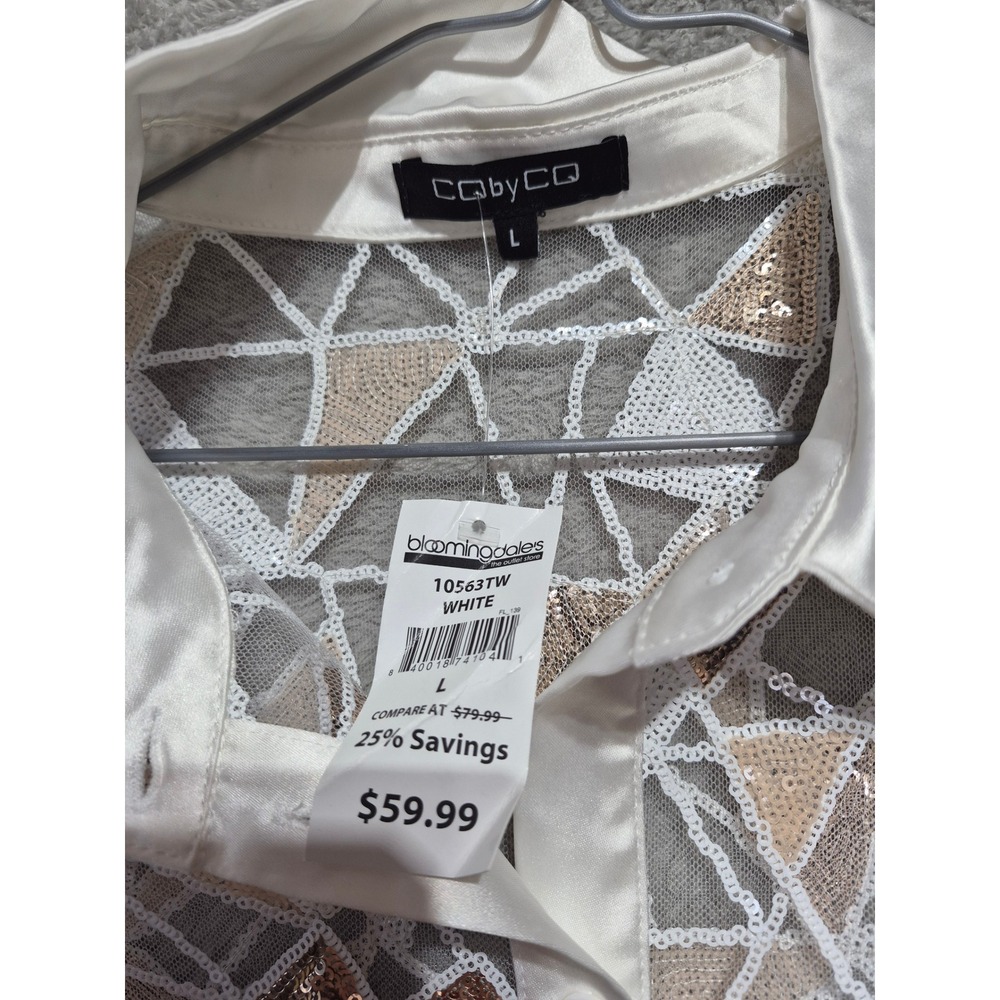 Coby CQ Womens White Gold Sequin Geometric Mesh Button Down Shirt NWT Large - Picture 3 of 6
